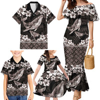 Hawaiian Plumeria and Humpback Whales Family Matching Mermaid Dress and Hawaiian Shirt Polynerian Art Tattoo-Grayscale Mode LT03 - Polynesian Pride