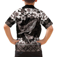 Hawaiian Plumeria and Humpback Whales Family Matching Off Shoulder Short Dress and Hawaiian Shirt Polynerian Art Tattoo-Grayscale Mode