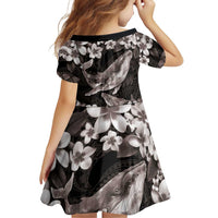 Hawaiian Plumeria and Humpback Whales Family Matching Off Shoulder Short Dress and Hawaiian Shirt Polynerian Art Tattoo-Grayscale Mode