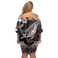 Hawaiian Plumeria and Humpback Whales Family Matching Off Shoulder Short Dress and Hawaiian Shirt Polynerian Art Tattoo-Grayscale Mode
