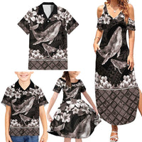 Hawaiian Plumeria and Humpback Whales Family Matching Summer Maxi Dress and Hawaiian Shirt Polynerian Art Tattoo-Grayscale Mode