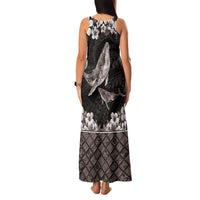 Hawaiian Plumeria and Humpback Whales Family Matching Tank Maxi Dress and Hawaiian Shirt Polynerian Art Tattoo-Grayscale Mode
