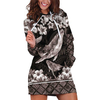 Hawaiian Plumeria and Humpback Whales Hoodie Dress Polynerian Art Tattoo-Grayscale Mode LT03 Black - Polynesian Pride