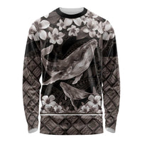 Hawaiian Plumeria and Humpback Whales Long Sleeve Shirt Polynerian Art Tattoo-Grayscale Mode