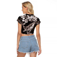 Hawaiian Plumeria and Humpback Whales Raglan Cropped T Shirt Polynerian Art Tattoo-Grayscale Mode
