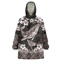 Hawaiian Plumeria and Humpback Whales Wearable Blanket Hoodie Polynerian Art Tattoo-Grayscale Mode LT03 One Size Black - Polynesian Pride