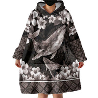 Hawaiian Plumeria and Humpback Whales Wearable Blanket Hoodie Polynerian Art Tattoo-Grayscale Mode LT03 - Polynesian Pride