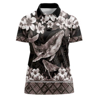 Hawaiian Plumeria and Humpback Whales Women Polo Shirt Polynerian Art Tattoo-Grayscale Mode LT03 Female Black - Polynesian Pride