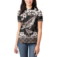 Hawaiian Plumeria and Humpback Whales Women Polo Shirt Polynerian Art Tattoo-Grayscale Mode LT03 - Polynesian Pride