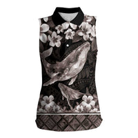 Hawaiian Plumeria and Humpback Whales Women Sleeveless Polo Shirt Polynerian Art Tattoo-Grayscale Mode LT03 Female Black - Polynesian Pride