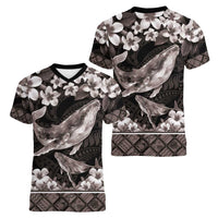 Hawaiian Plumeria and Humpback Whales Women V-Neck T-Shirt Polynerian Art Tattoo-Grayscale Mode LT03 - Polynesian Pride