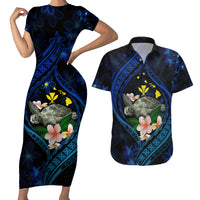 Hawaii Turtle Plumeria Flower Fanciful Couples Matching Short Sleeve Bodycon Dress and Hawaiian Shirt LT03 Black - Polynesian Pride