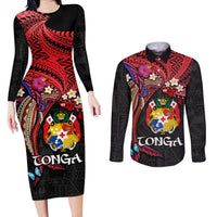 Tonga Emancipation Day Couples Matching Long Sleeve Bodycon Dress and Long Sleeve Button Shirt Ngatu Humpback Whale Polynesian Flower LT03 Black - Polynesian Pride