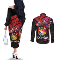Tonga Emancipation Day Couples Matching Off The Shoulder Long Sleeve Dress and Long Sleeve Button Shirt Ngatu Humpback Whale Polynesian Flower LT03 - Polynesian Pride