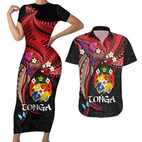 Tonga Emancipation Day Couples Matching Short Sleeve Bodycon Dress and Hawaiian Shirt Ngatu Humpback Whale Polynesian Flower LT03 Black - Polynesian Pride