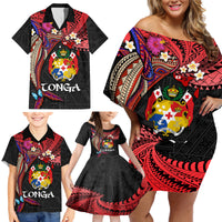 Tonga Emancipation Day Family Matching Off Shoulder Short Dress and Hawaiian Shirt Ngatu Humpback Whale Polynesian Flower LT03 - Polynesian Pride