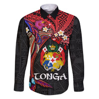 Tonga Emancipation Day Family Matching Puletasi and Hawaiian Shirt Ngatu Humpback Whale Polynesian Flower LT03 Dad's Shirt - Long Sleeve Black - Polynesian Pride