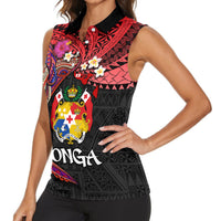 Tonga Emancipation Day Women Sleeveless Polo Shirt Ngatu Humpback Whale Polynesian Flower