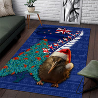 New Zealand Christmas Area Rug Kiwi Bird Santa and Silver Fern Funny Haka Dance LT03 Blue - Polynesian Pride