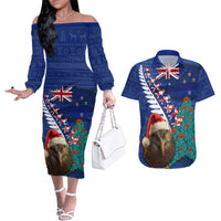 New Zealand Christmas Couples Matching Off The Shoulder Long Sleeve Dress and Hawaiian Shirt Kiwi Bird Santa and Silver Fern Funny Haka Dance LT03 Blue - Polynesian Pride