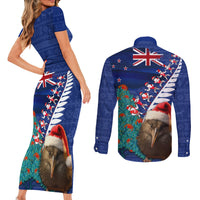 New Zealand Christmas Couples Matching Short Sleeve Bodycon Dress and Long Sleeve Button Shirt Kiwi Bird Santa and Silver Fern Funny Haka Dance LT03 - Polynesian Pride