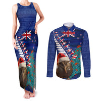 New Zealand Christmas Couples Matching Tank Maxi Dress and Long Sleeve Button Shirt Kiwi Bird Santa and Silver Fern Funny Haka Dance LT03 Blue - Polynesian Pride