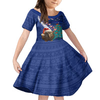 New Zealand Christmas Family Matching Long Sleeve Bodycon Dress and Hawaiian Shirt Kiwi Bird Santa and Silver Fern Funny Haka Dance LT03 Daughter's Dress Blue - Polynesian Pride