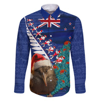 New Zealand Christmas Family Matching Puletasi and Hawaiian Shirt Kiwi Bird Santa and Silver Fern Funny Haka Dance LT03 Dad's Shirt - Long Sleeve Blue - Polynesian Pride