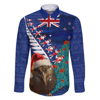 New Zealand Christmas Family Matching Summer Maxi Dress and Hawaiian Shirt Kiwi Bird Santa and Silver Fern Funny Haka Dance LT03 Dad's Shirt - Long Sleeve Blue - Polynesian Pride