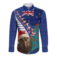 New Zealand Christmas Long Sleeve Button Shirt Kiwi Bird Santa and Silver Fern Funny Haka Dance LT03 Unisex Blue - Polynesian Pride