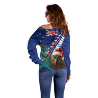 New Zealand Christmas Off Shoulder Sweater Kiwi Bird Santa and Silver Fern Funny Haka Dance LT03 - Polynesian Pride