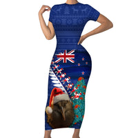 New Zealand Christmas Short Sleeve Bodycon Dress Kiwi Bird Santa and Silver Fern Funny Haka Dance LT03 Long Dress Blue - Polynesian Pride