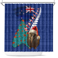 New Zealand Christmas Shower Curtain Kiwi Bird Santa and Silver Fern Funny Haka Dance LT03 Blue - Polynesian Pride