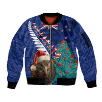 New Zealand Christmas Sleeve Zip Bomber Jacket Kiwi Bird Santa and Silver Fern Funny Haka Dance LT03 Unisex Blue - Polynesian Pride