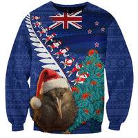 New Zealand Christmas Sweatshirt Kiwi Bird Santa and Silver Fern Funny Haka Dance LT03 Unisex Blue - Polynesian Pride