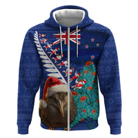 New Zealand Christmas Zip Hoodie Kiwi Bird Santa and Silver Fern Funny Haka Dance LT03 Zip Hoodie Blue - Polynesian Pride