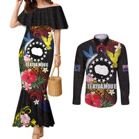 Cook Islands Independence Day Couples Matching Mermaid Dress and Long Sleeve Button Shirt Maroro and Kakaia with Hibiscus Flower Polynesian Pattern LT03 Black - Polynesian Pride