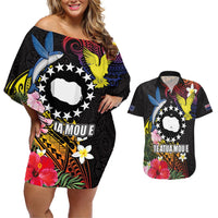 Cook Islands Independence Day Couples Matching Off Shoulder Short Dress and Hawaiian Shirt Maroro and Kakaia with Hibiscus Flower Polynesian Pattern LT03 Black - Polynesian Pride