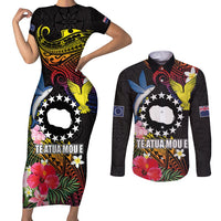 Cook Islands Independence Day Couples Matching Short Sleeve Bodycon Dress and Long Sleeve Button Shirt Maroro and Kakaia with Hibiscus Flower Polynesian Pattern LT03 Black - Polynesian Pride