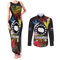 Cook Islands Independence Day Couples Matching Tank Maxi Dress and Long Sleeve Button Shirt Maroro and Kakaia with Hibiscus Flower Polynesian Pattern LT03 Black - Polynesian Pride