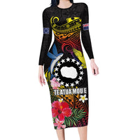 Cook Islands Independence Day Family Matching Long Sleeve Bodycon Dress and Hawaiian Shirt Maroro and Kakaia with Hibiscus Flower Polynesian Pattern LT03 Mom's Dress Black - Polynesian Pride