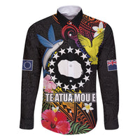 Cook Islands Independence Day Family Matching Off Shoulder Short Dress and Hawaiian Shirt Maroro and Kakaia with Hibiscus Flower Polynesian Pattern LT03 Dad's Shirt - Long Sleeve Black - Polynesian Pride