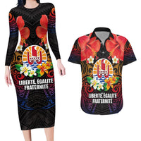 French Polynesia Bastille Day Couples Matching Long Sleeve Bodycon Dress and Hawaiian Shirt Tiare Flower and National Seal Polynesian Pattern LT03 Black - Polynesian Pride