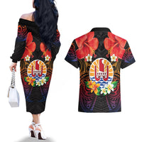 French Polynesia Bastille Day Couples Matching Off The Shoulder Long Sleeve Dress and Hawaiian Shirt Tiare Flower and National Seal Polynesian Pattern LT03 - Polynesian Pride