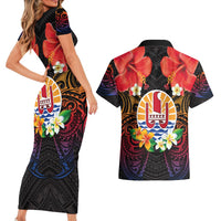 French Polynesia Bastille Day Couples Matching Short Sleeve Bodycon Dress and Hawaiian Shirt Tiare Flower and National Seal Polynesian Pattern LT03 - Polynesian Pride
