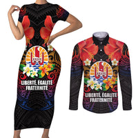 French Polynesia Bastille Day Couples Matching Short Sleeve Bodycon Dress and Long Sleeve Button Shirt Tiare Flower and National Seal Polynesian Pattern LT03 Black - Polynesian Pride