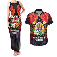French Polynesia Bastille Day Couples Matching Tank Maxi Dress and Hawaiian Shirt Tiare Flower and National Seal Polynesian Pattern LT03 Black - Polynesian Pride