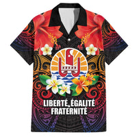 French Polynesia Bastille Day Family Matching Off The Shoulder Long Sleeve Dress and Hawaiian Shirt Tiare Flower and National Seal Polynesian Pattern LT03 Dad's Shirt - Short Sleeve Black - Polynesian Pride