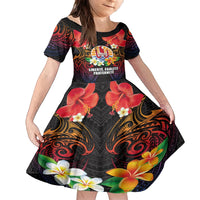 French Polynesia Bastille Day Family Matching Off Shoulder Maxi Dress and Hawaiian Shirt Tiare Flower and National Seal Polynesian Pattern LT03 Daughter's Dress Black - Polynesian Pride