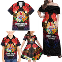French Polynesia Bastille Day Family Matching Off Shoulder Maxi Dress and Hawaiian Shirt Tiare Flower and National Seal Polynesian Pattern LT03 - Polynesian Pride